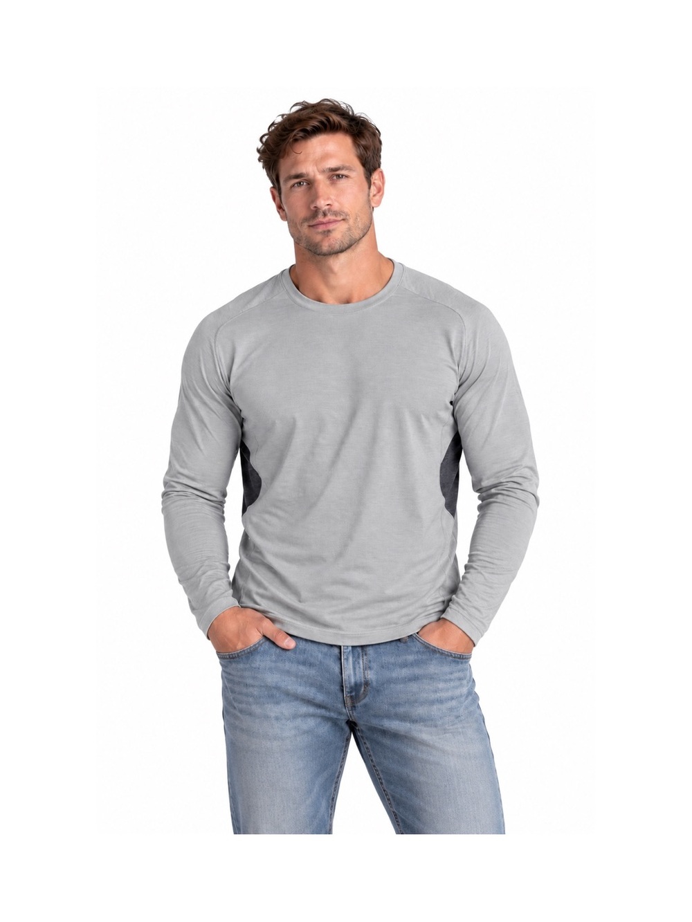 lululemon athletica Light Gray Long-Sleeve Performance Tee w/Dk Gray Panels XL